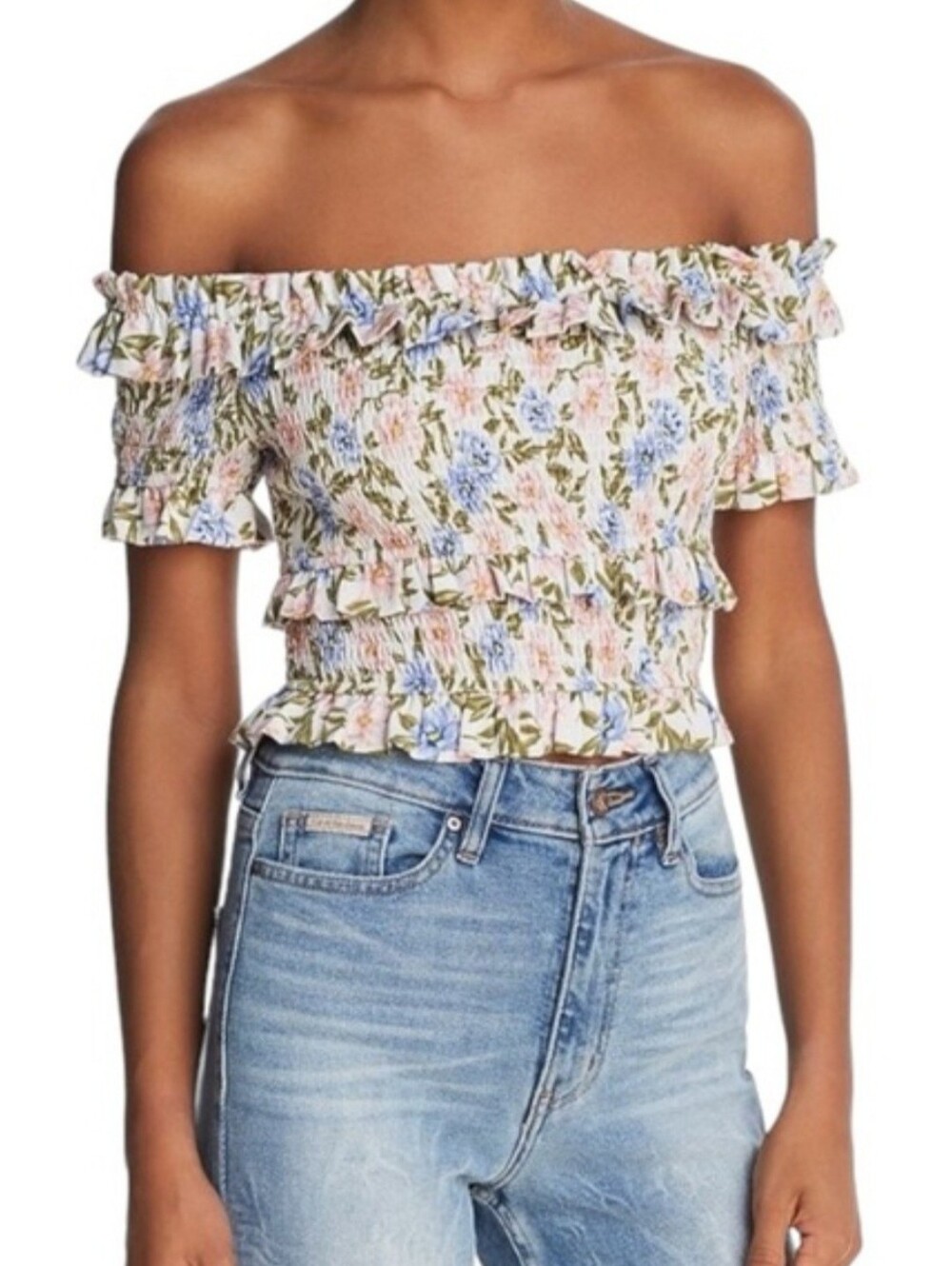 ASTR The Label Tori Smocked Off-the-Shoulder Floral Crop Top Size Large